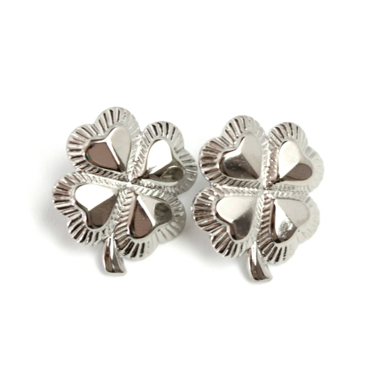 Vintage 1990s Four Leaf Clover Silver Tone Metal Pierced Earrings