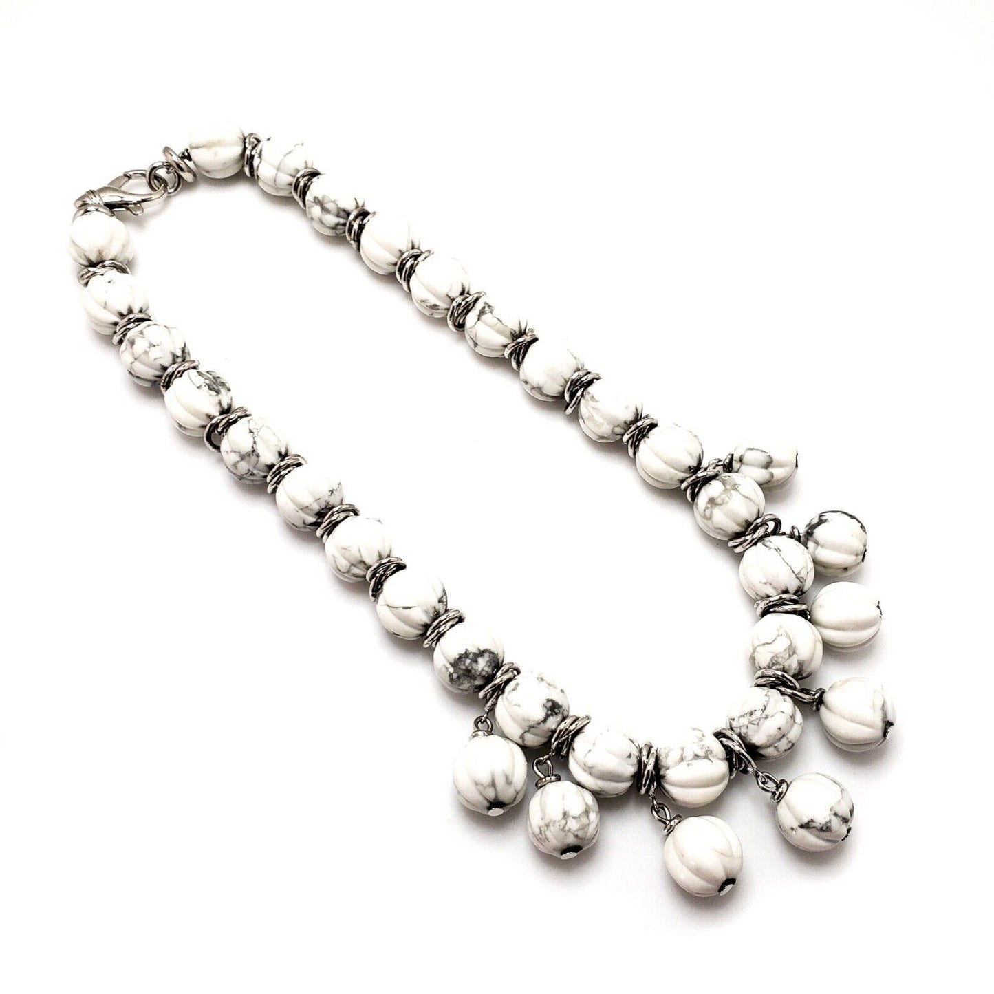 Vintage 1990s Howlite Melon Bead Silver Tone Metal Necklace and Ear Set