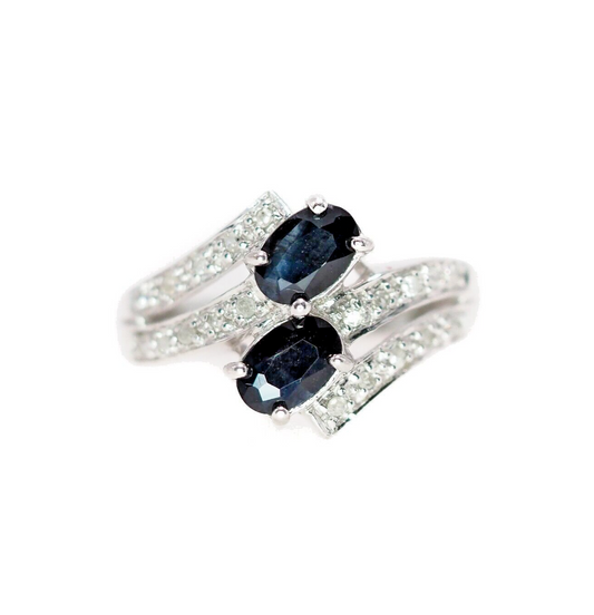 Vintage 1990s Blue Sapphire, Diamond, 10K White Gold Bypass Ring Size 4.75