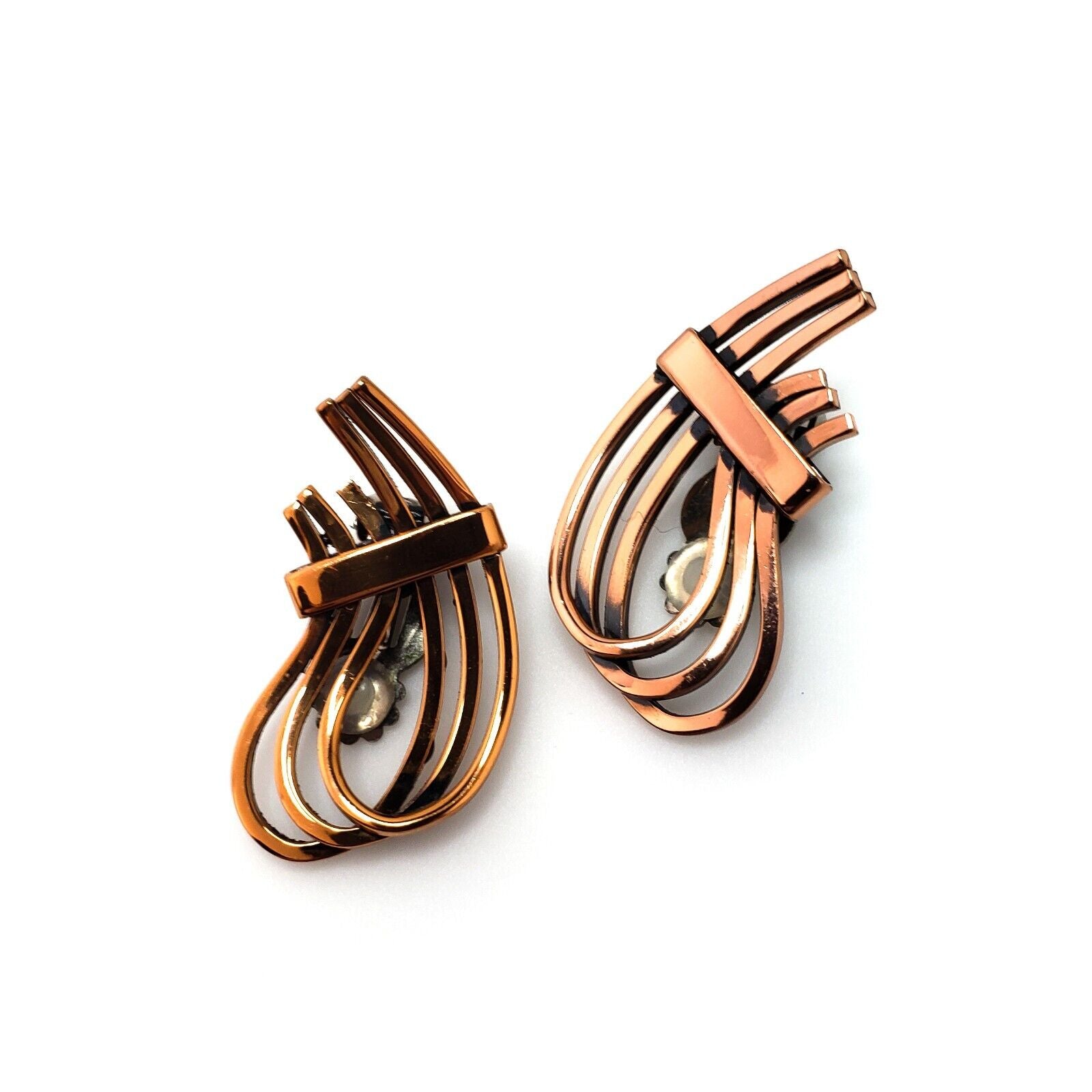 Vintage 1960s RENOIR Mid Century Modern Modernist Copper Clip On Earrings