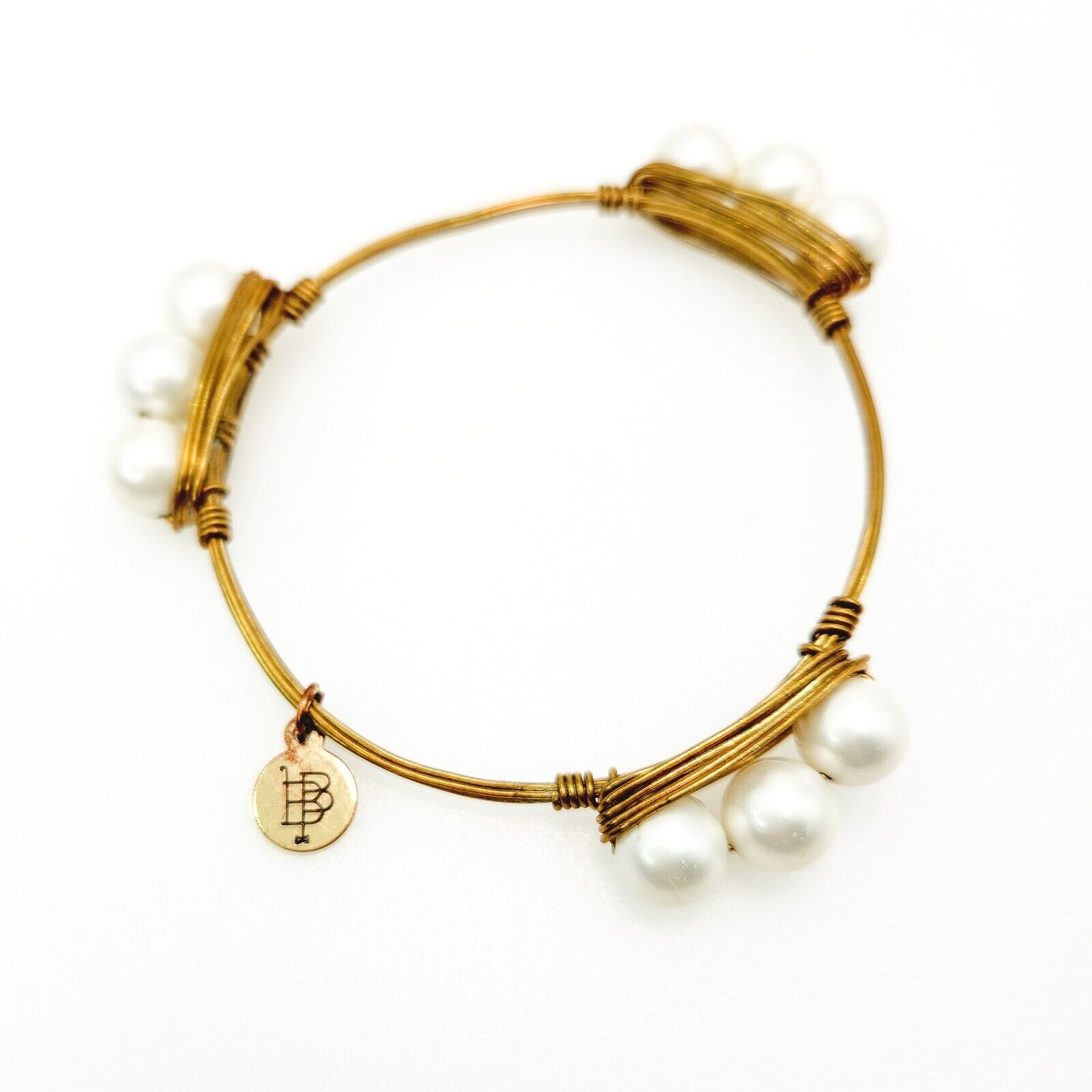 Bourbon and Boweties Imi. Pearl Gold Plate Statement Bangle Bracelet 8.25"