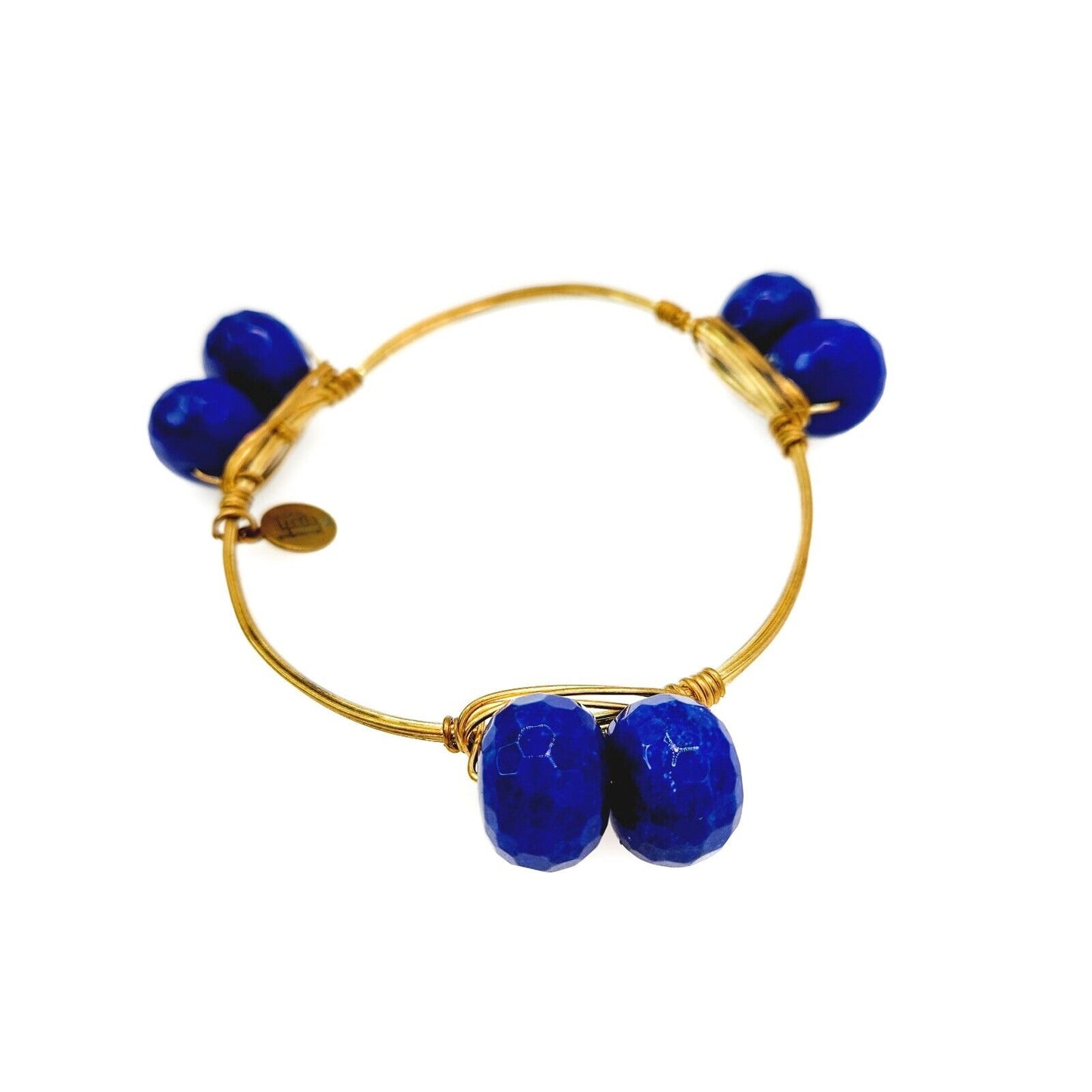 Bourbon and Boweties Blue Bead Gold Plate Statement Bangle Bracelet 8.5"