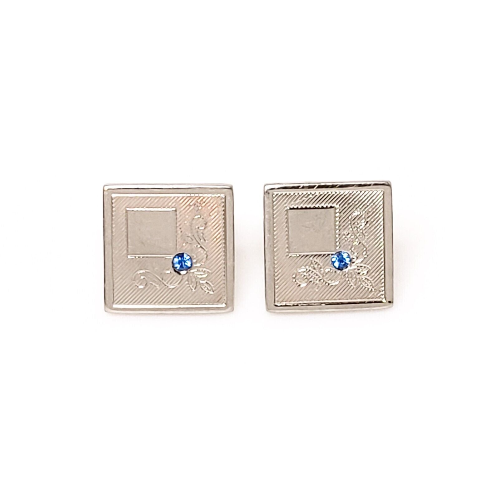 Vintage 1960s Blue Rhinestone and Silver Tone Flower Square Cuff Links