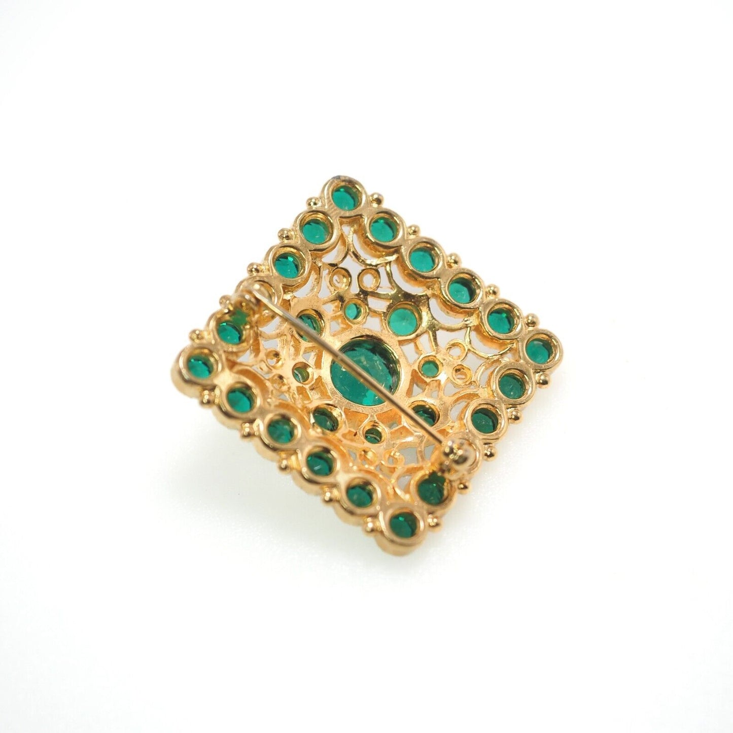 Vintage 1960s Green Rhinestone and Gold Tone Renaissance Revival Brooch