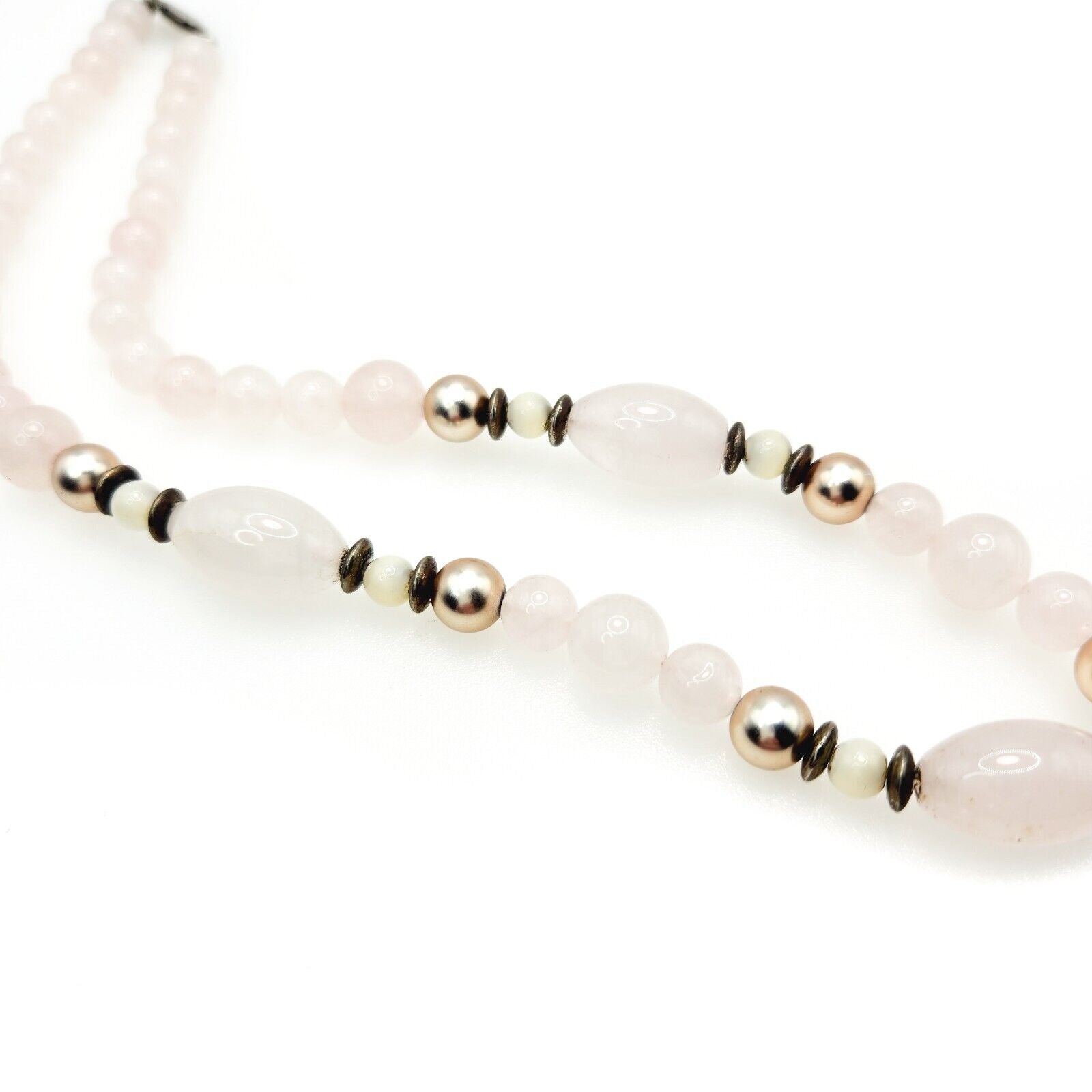 Vintage 1960s Rose Quartz, Mother of Pearl and Sterling Beaded 19" Necklace