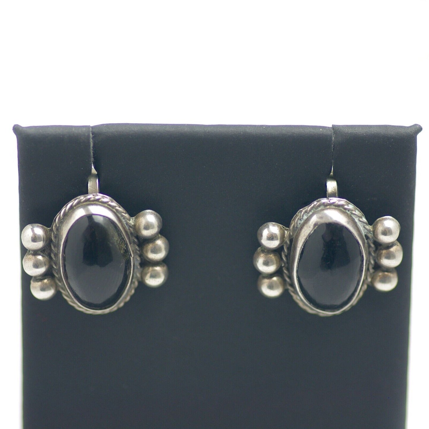 Vintage 1940s TAXCO Mexico Black Onyx and Sterling Silver Screw Back Earrings -