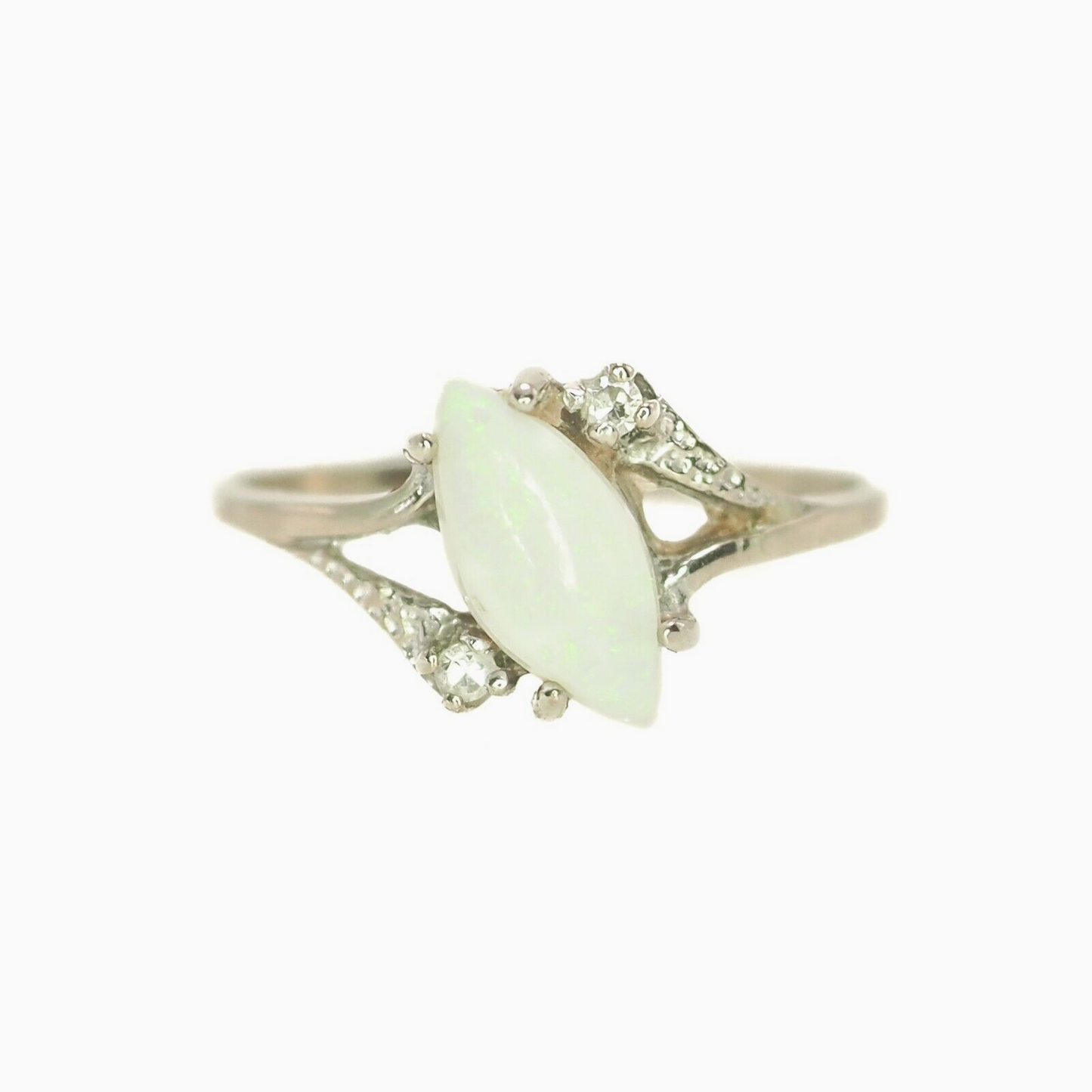 Vintage 70s Marquise-Cut Opal, Diamond, and 10K White Gold Ring Size 6.25