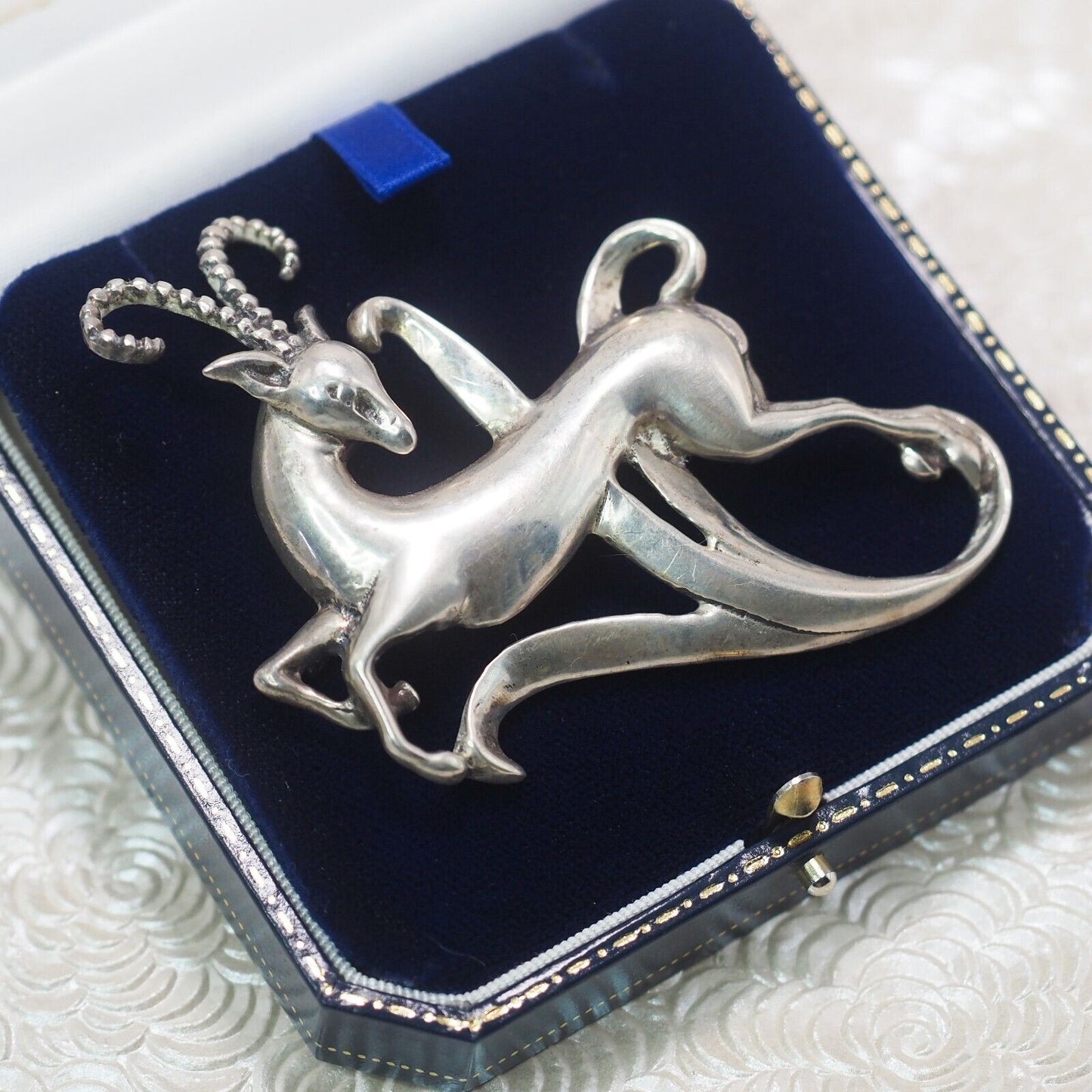 Antique 1920s Large Silver Animal Antelope Pin Unisex Brooch