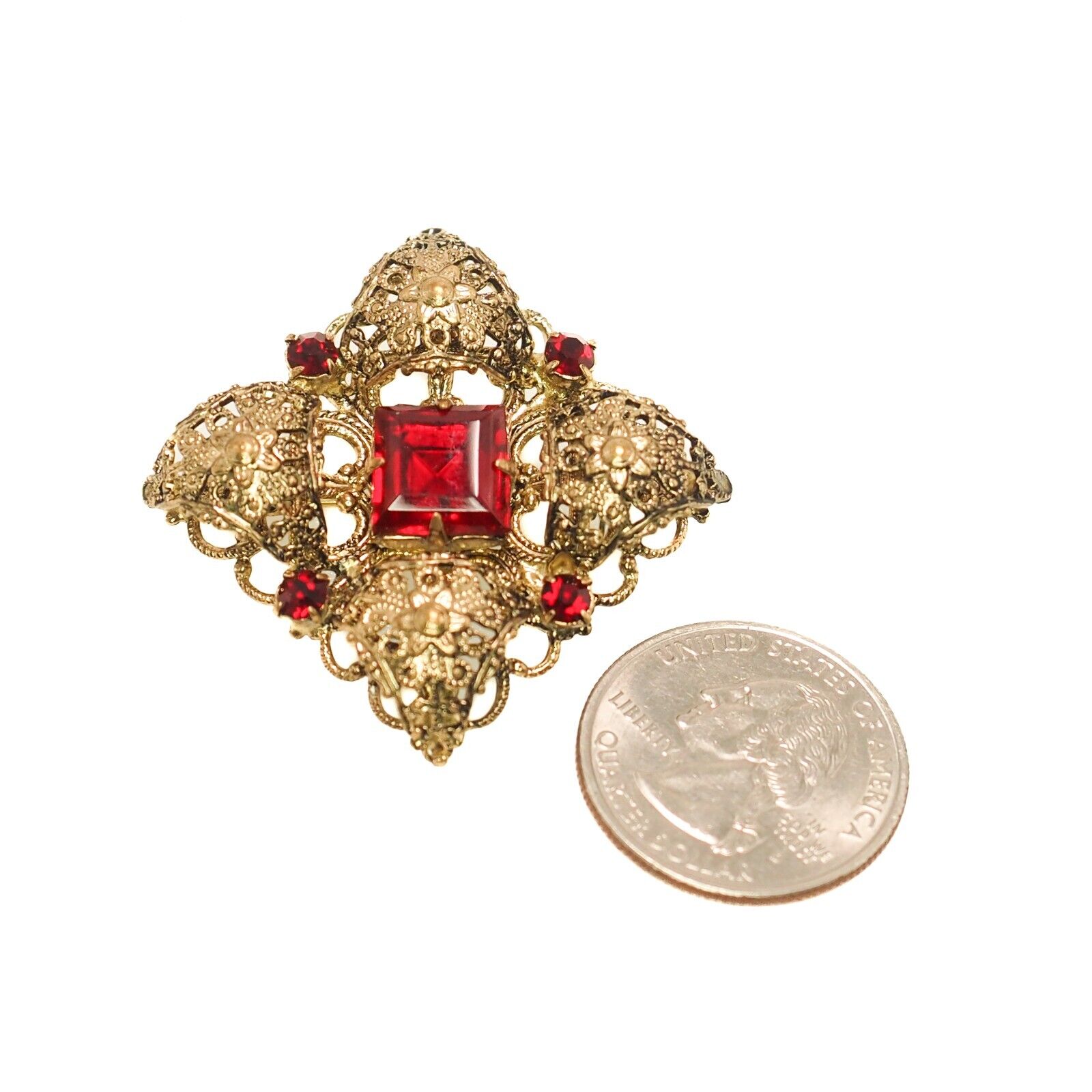 Vintage 1960s Red Rhinestone and Gold Tone Renaissance Revival Brooch