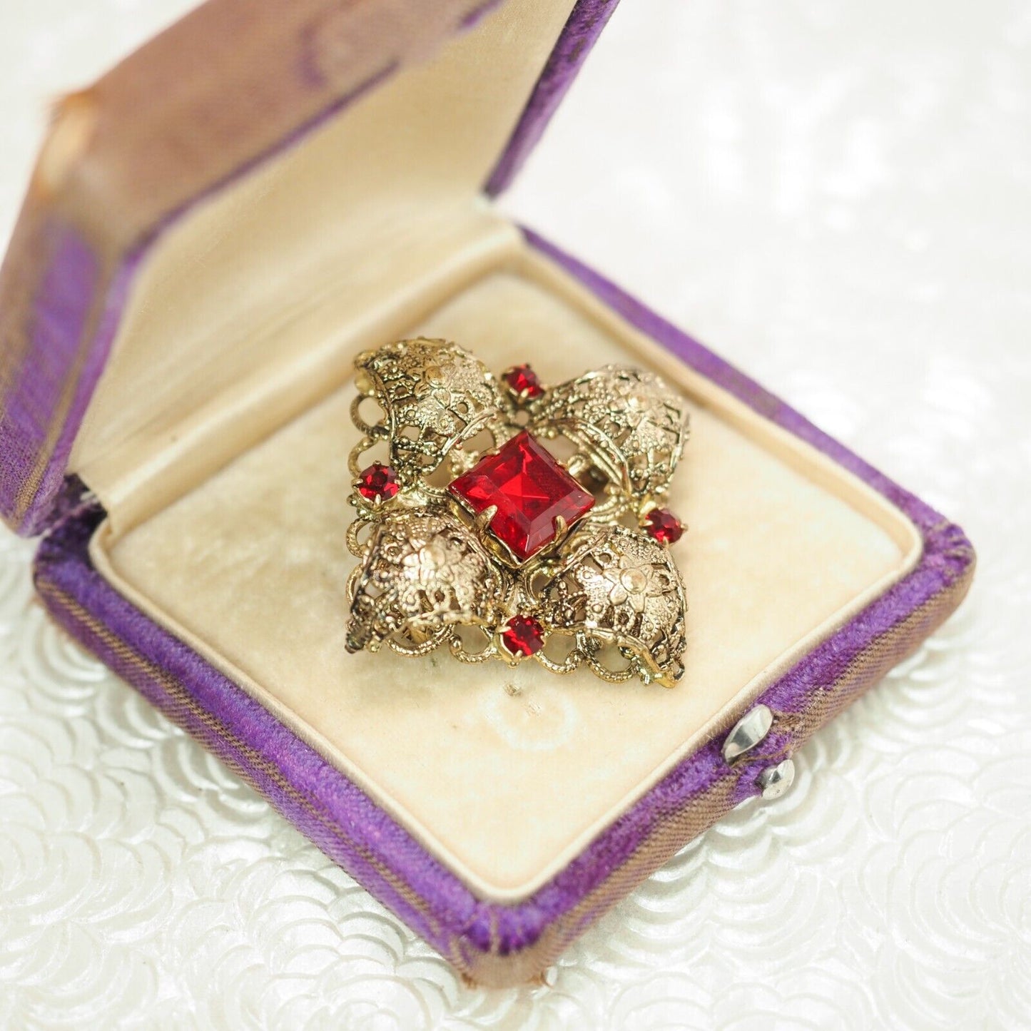 Vintage 1960s Red Rhinestone and Gold Tone Renaissance Revival Brooch