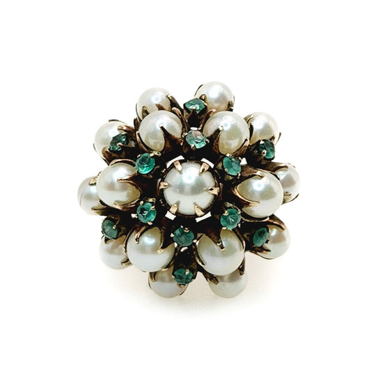 Vintage 1950s Emerald, Cultured Akoya Pearl, and 10K Yellow Gold Cocktail Ring 