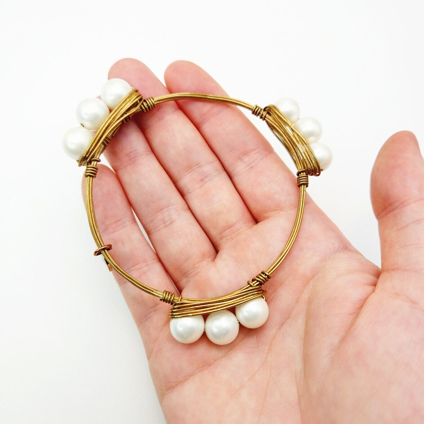 Bourbon and Boweties Imi. Pearl Gold Plate Statement Bangle Bracelet 8.25"