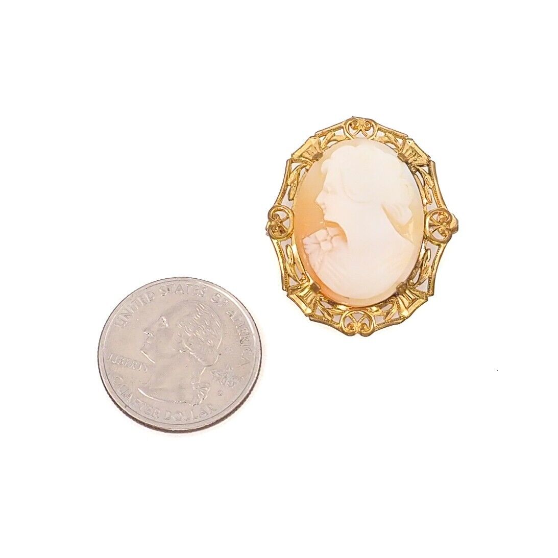 Antique 1910s Shell and Gold Filled Cameo Pink Hand Carved Brooch