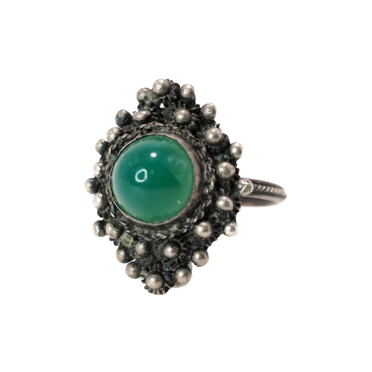 Vintage 1940s Green Chrysoprase and 800 Silver Cabochon Solitaire Marquise Ring Size 7.25 image 2