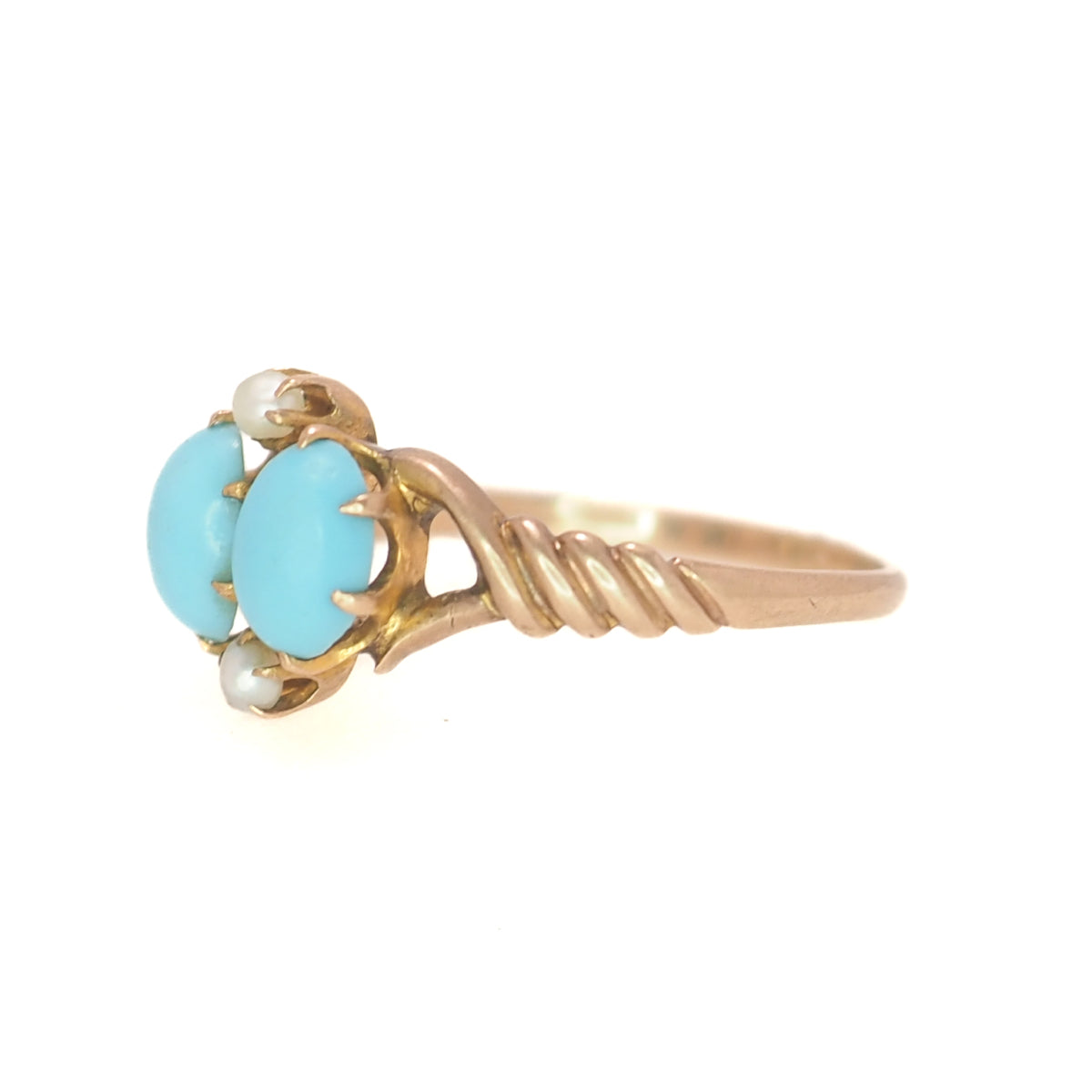 Antique 1890s Late Victorian Aesthetic Period Blue Turquoise, 14K Rose Gold, and Natural Seed Pearl Ring Size 8.25 image 5