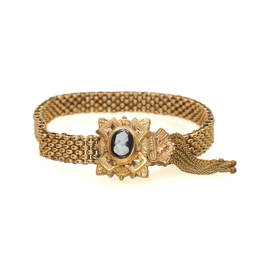 Antique Victorian 1880s Rolled Gold Mesh Slider Cameo Mourning 7" Bracelet