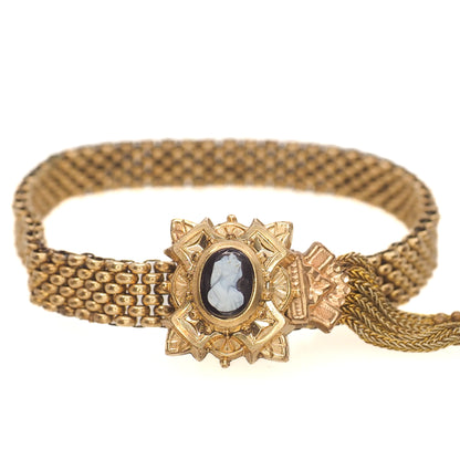 Antique Victorian 1880s Rolled Gold Mesh Slider Cameo Mourning 7" Bracelet