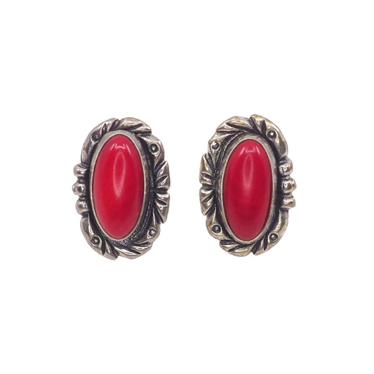 Vintage 1990s Sterling Silver and Red Coral Stud Southwest Pierced Earrings