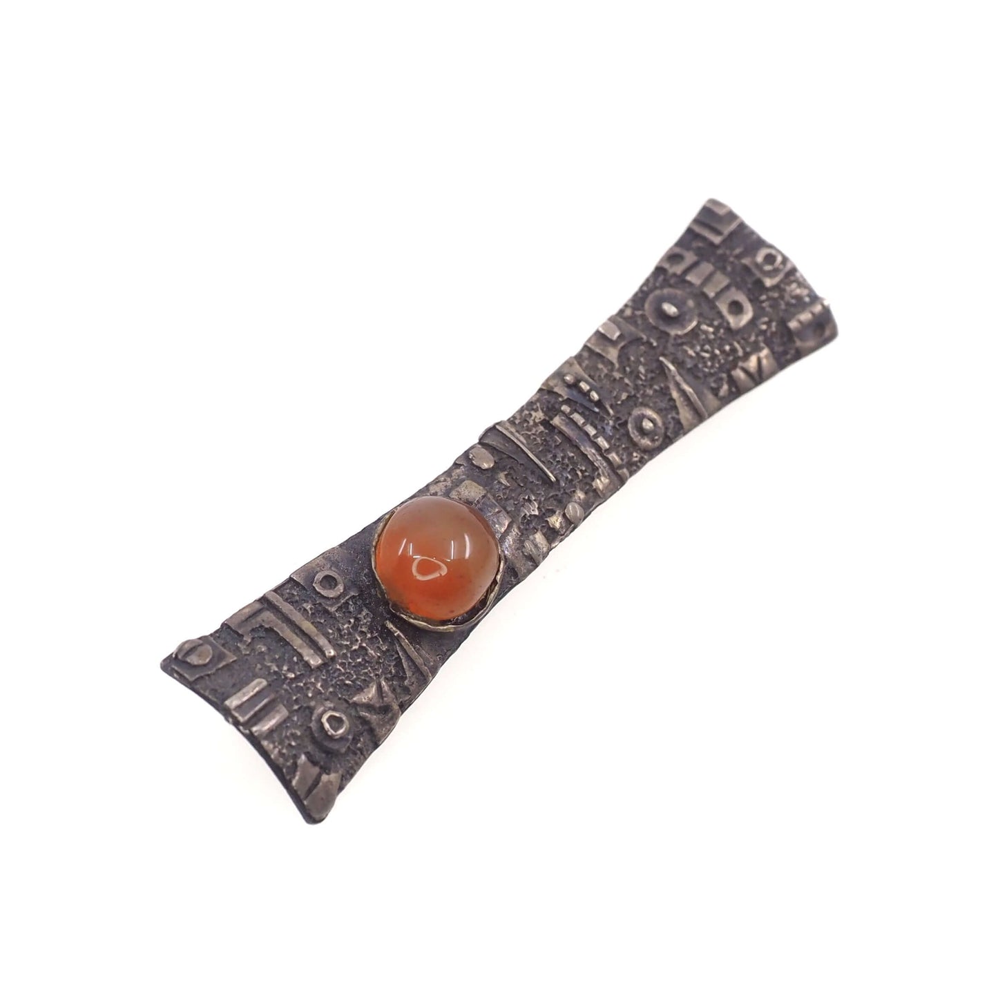 Vintage 1960s Silver and Orange Carnelian Tribal Geometric Unisex Brooch