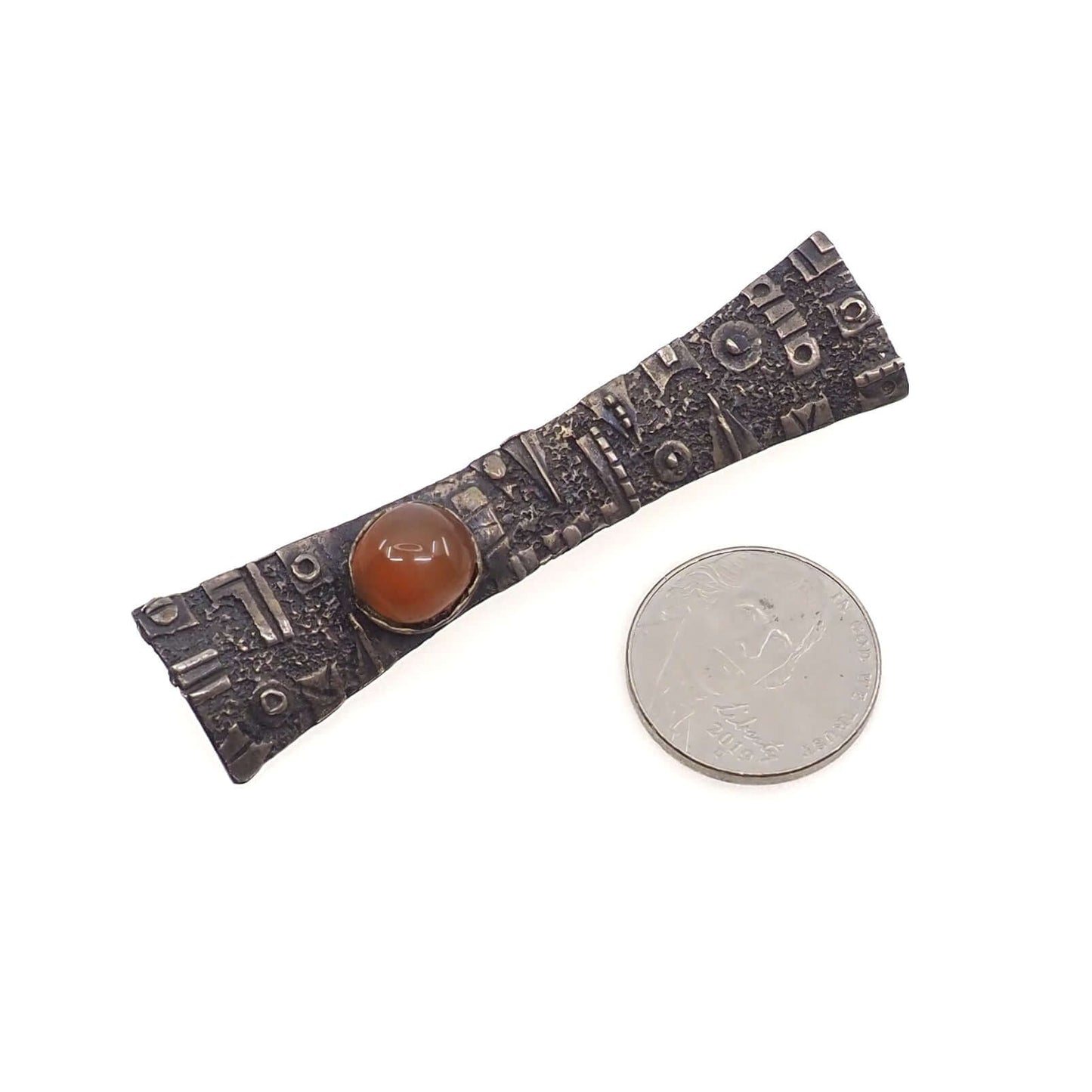 Vintage 1960s Silver and Orange Carnelian Tribal Geometric Unisex Brooch