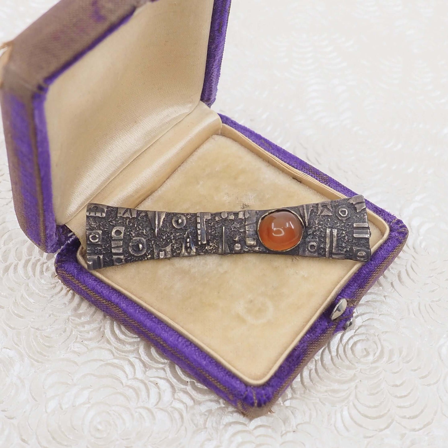 Vintage 1960s Silver and Orange Carnelian Tribal Geometric Unisex Brooch