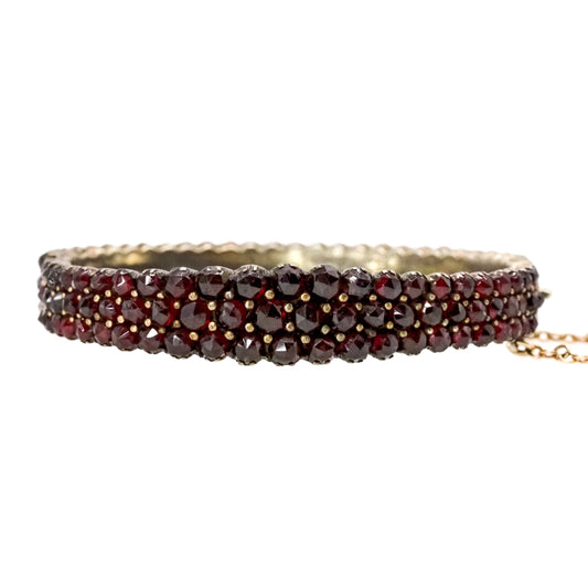 Antique 1900s Rose Cut Bohemian Garnet and Gilt Three Row Hinged Bangle 6.75" Bracelet image 0