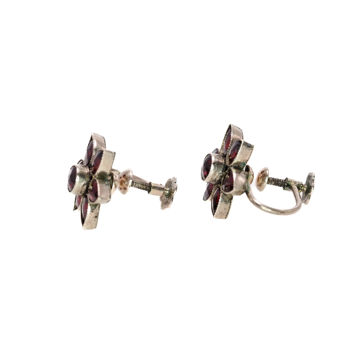 Antique 1910s Bohemian Garnet and Silver Flower Screw Back Non-Pierced Earrings image 4