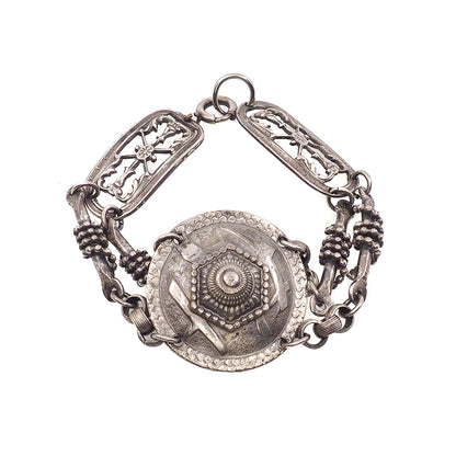 Antique 1890s Late Victorian Etruscan Revival Medallion Silver 6.5" Bracelet