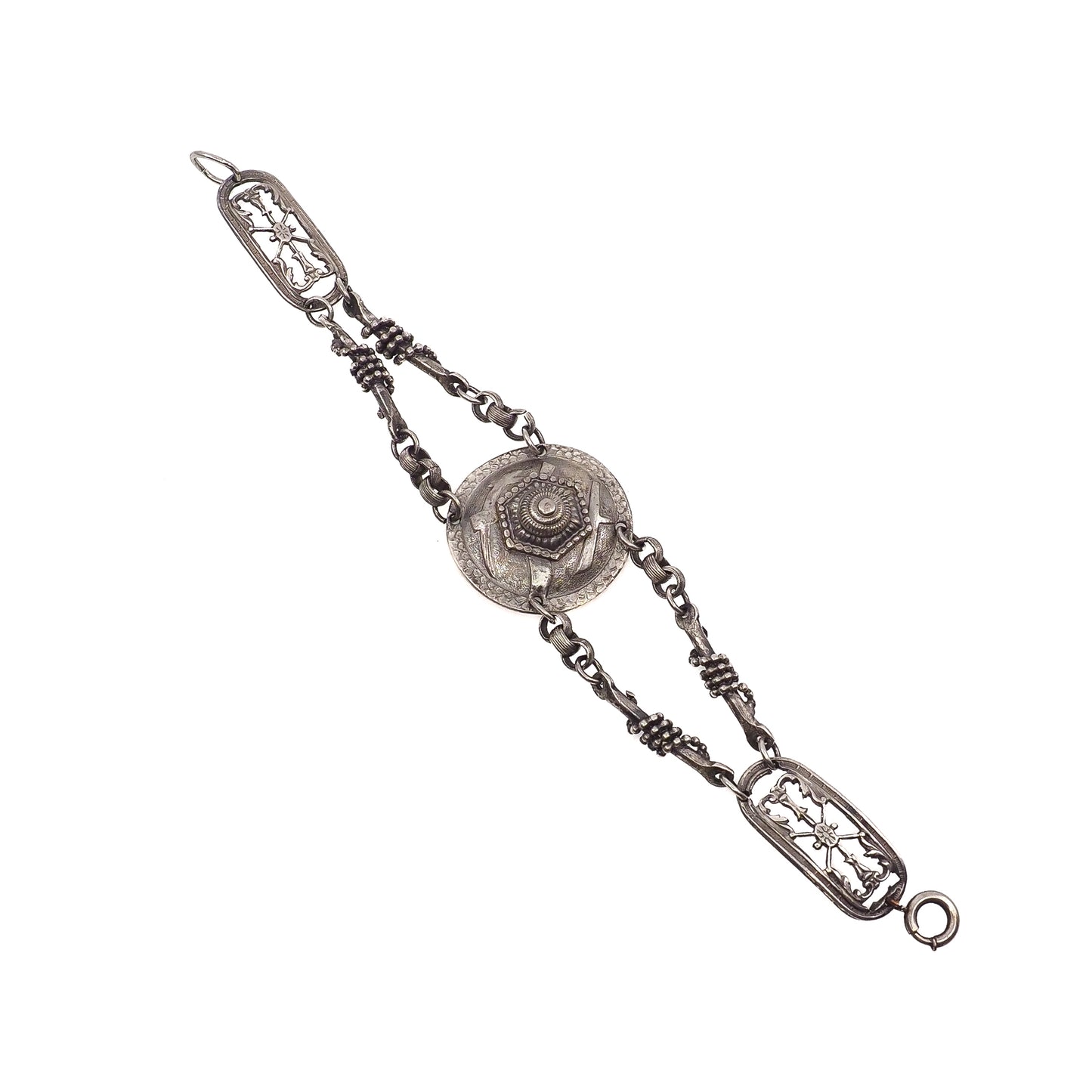 Antique 1890s Late Victorian Etruscan Revival Medallion Silver 6.5" Bracelet