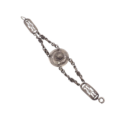 Antique 1890s Late Victorian Etruscan Revival Medallion Silver 6.5" Bracelet