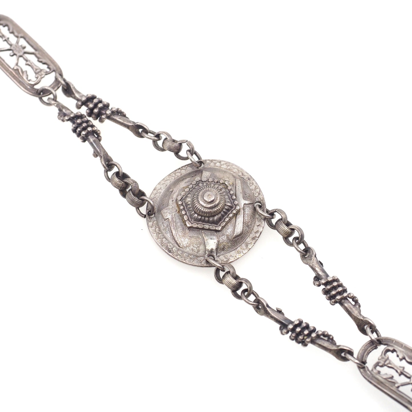 Antique 1890s Late Victorian Etruscan Revival Medallion Silver 6.5" Bracelet