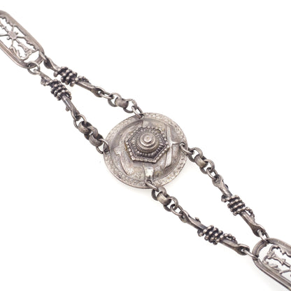 Antique 1890s Late Victorian Etruscan Revival Medallion Silver 6.5" Bracelet