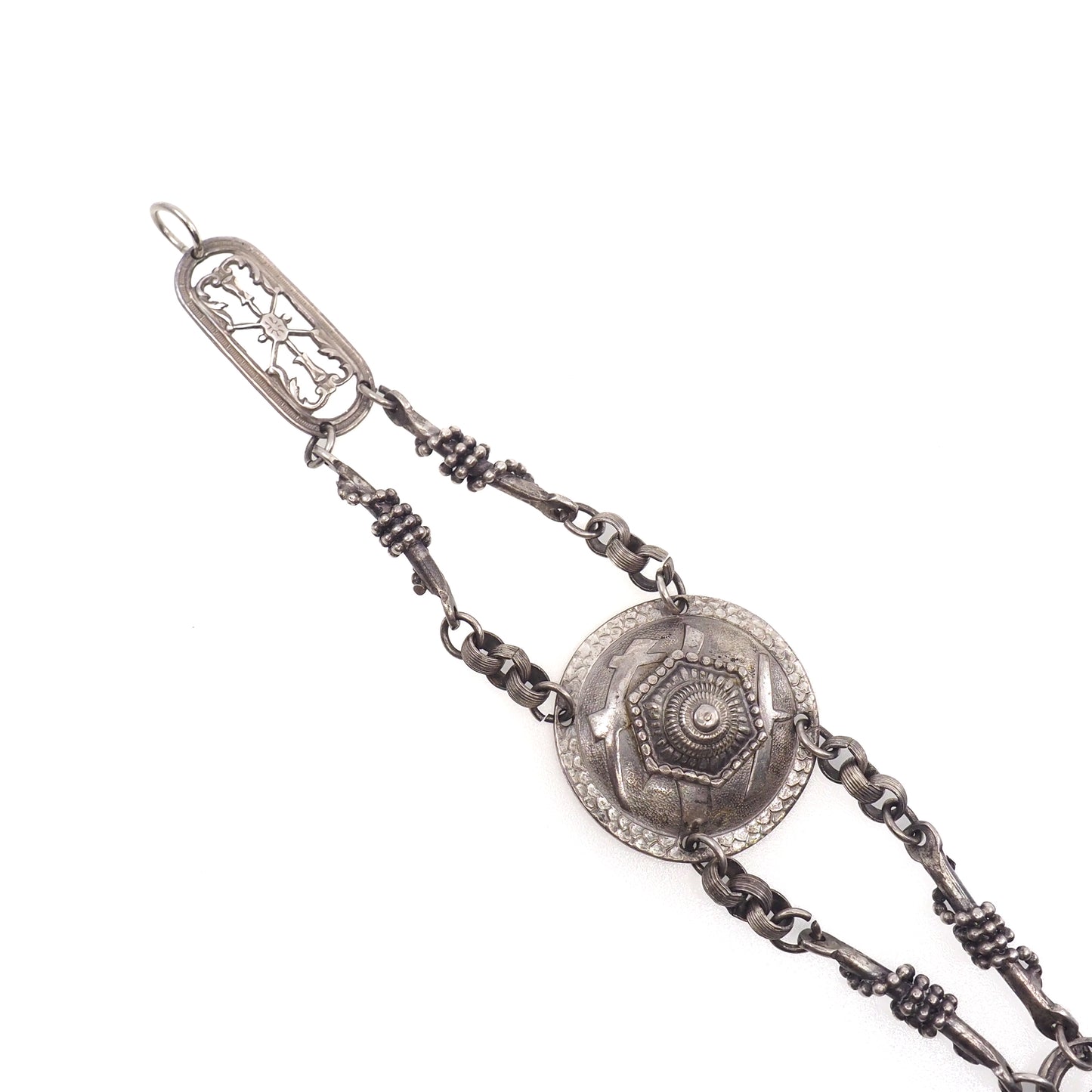 Antique 1890s Late Victorian Etruscan Revival Medallion Silver 6.5" Bracelet
