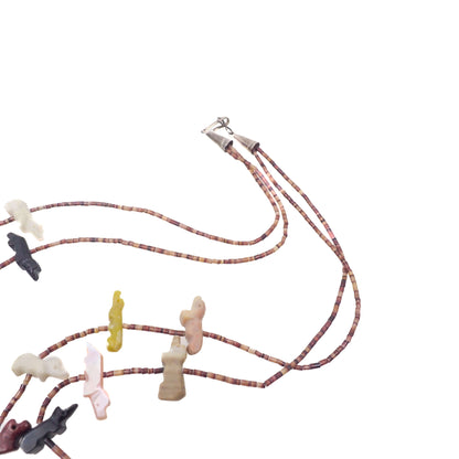 Vintage 1970s Zuni Native American Sterling Silver Multiple Gemstone Bird, Fox, Bear Fetish Double Strand 27" Necklace
