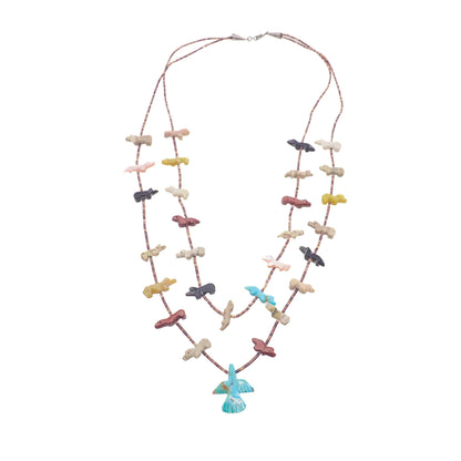 Vintage 1970s Zuni Native American Sterling Silver Multiple Gemstone Bird, Fox, Bear Fetish Double Strand 27" Necklace