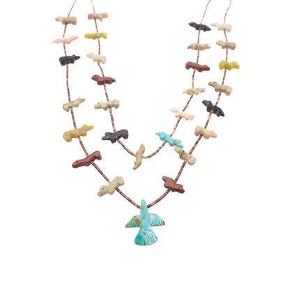 Vintage 1970s Zuni Native American Sterling Silver Multiple Gemstone Bird, Fox, Bear Fetish Double Strand 27" Necklace