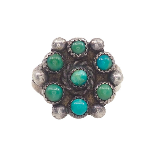 Vintage 1970s Turquoise and Sterling Silver Native American Zuni Snake Eye Cluster Flower Ring Size 7.75