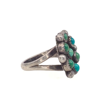 Vintage 1970s Turquoise and Sterling Silver Native American Zuni Snake Eye Cluster Flower Ring Size 7.75