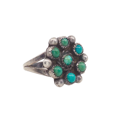 Vintage 1970s Turquoise and Sterling Silver Native American Zuni Snake Eye Cluster Flower Ring Size 7.75