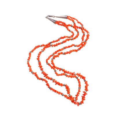 Vintage 1970s Southwestern Branch Coral and Sterling Silver Double Strand Statement 25" Necklace