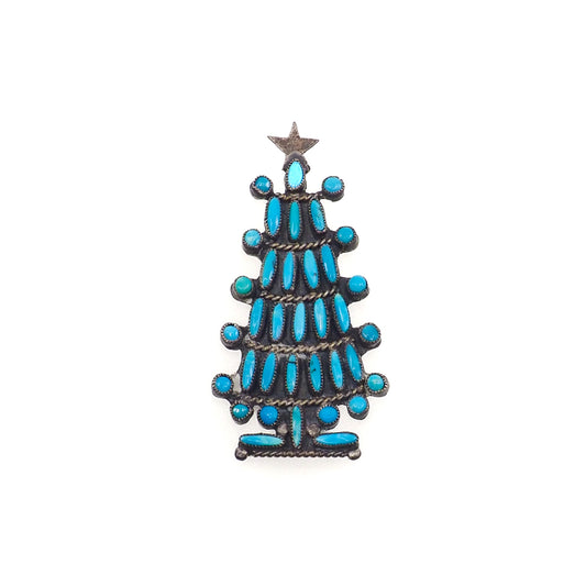 Vintage 1970s Zuni Native American Needlepoint and Snake Eye Blue Turquoise and Sterling Silver Christmas Tree Brooch