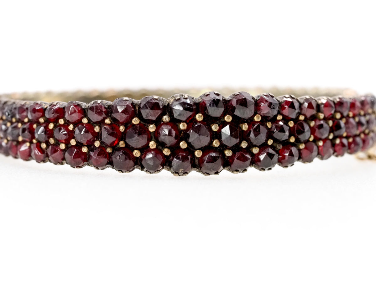 Antique 1900s Rose Cut Bohemian Garnet and Gilt Three Row Hinged Bangle 6.75" Bracelet image 3