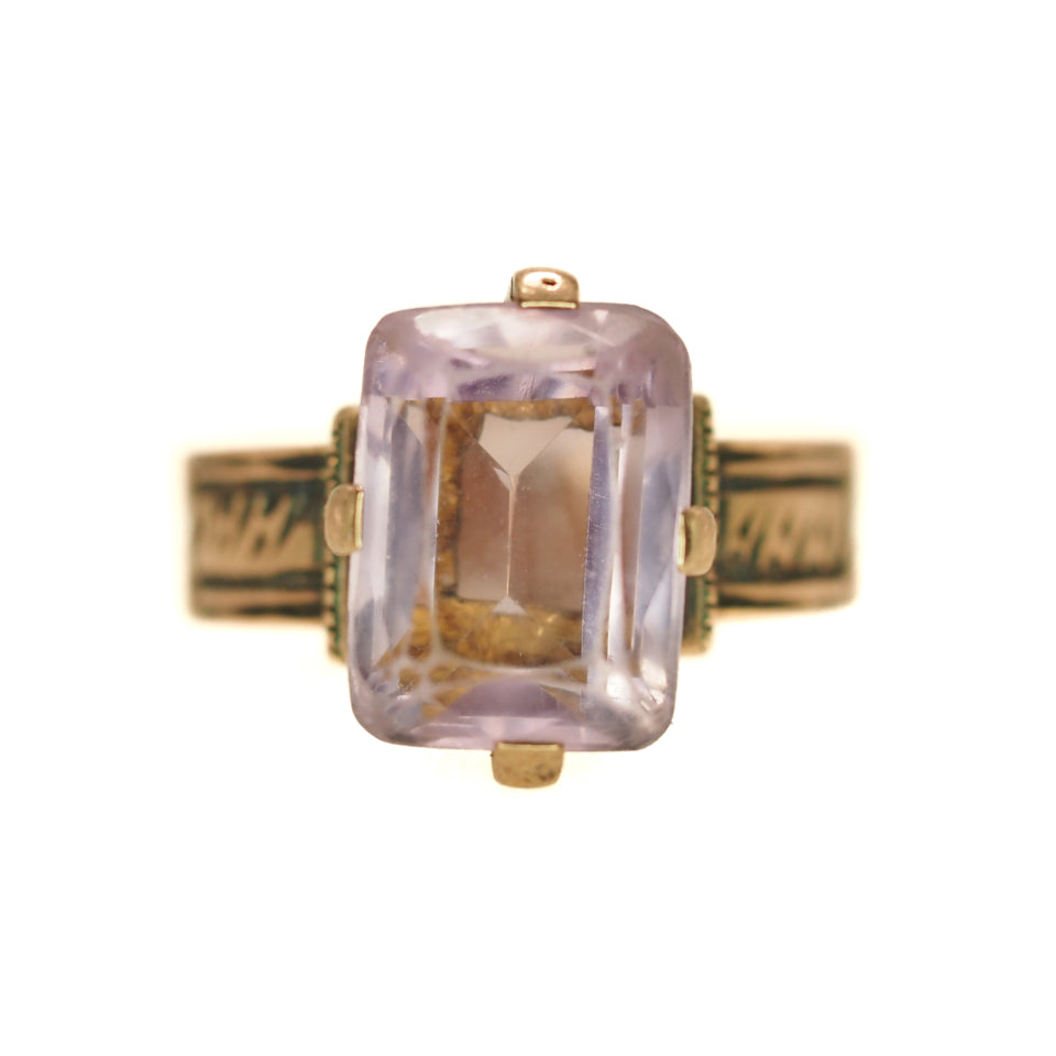 Antique 1880s Late Victorian Amethyst and 10K Rose Gold Etched Solitaire Ring Size 7.75 image 0