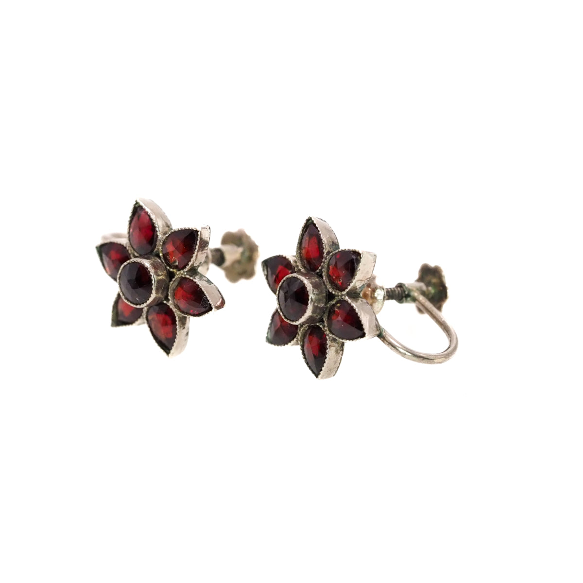 Antique 1910s Bohemian Garnet and Silver Flower Screw Back Non-Pierced Earrings image 3