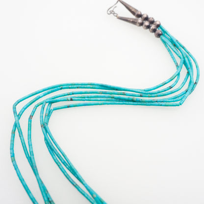 Vintage 1960s Handmade Native American Navajo Turquoise Blue Bead and Sterling Silver Multi Strand 25" Necklace