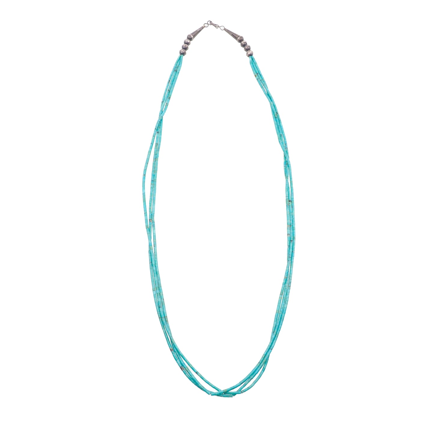Vintage 1960s Handmade Native American Navajo Turquoise Blue Bead and Sterling Silver Multi Strand 25" Necklace