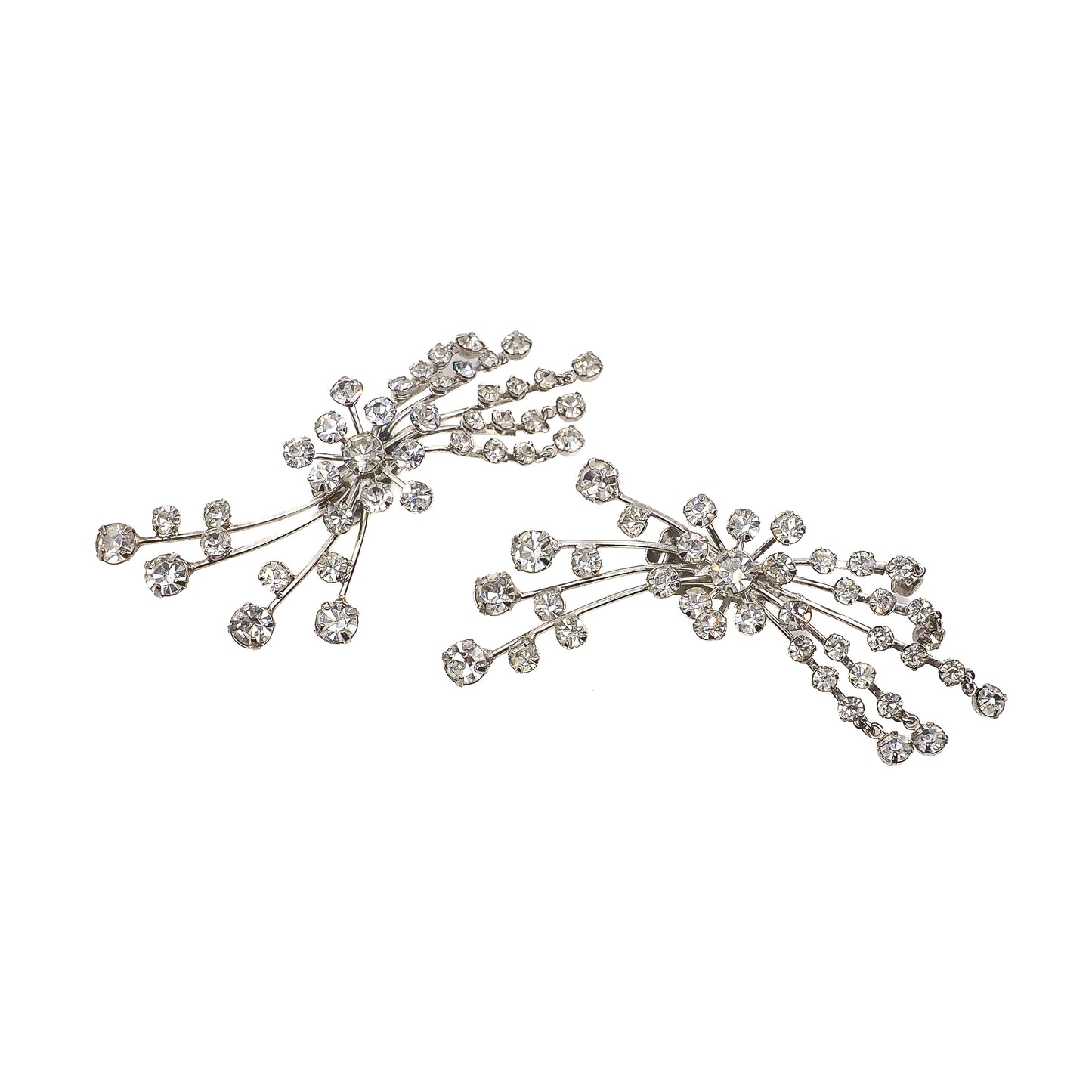 Vintage 1950s Clear Rhinestone and Silver Tone Statement Starburst Clip On Earrings