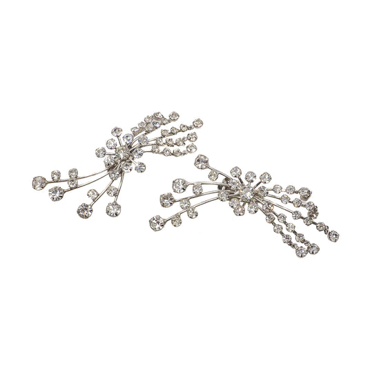 Vintage 1950s Clear Rhinestone and Silver Tone Statement Starburst Clip On Earrings