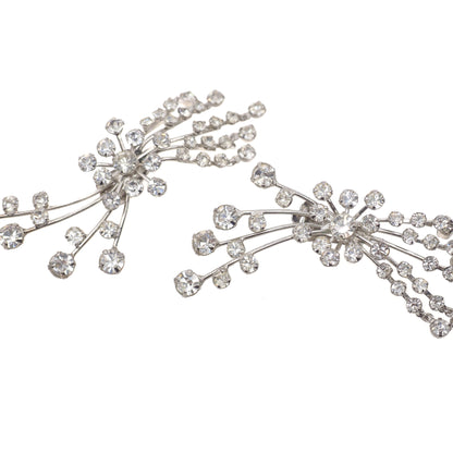 Vintage 1950s Clear Rhinestone and Silver Tone Statement Starburst Clip On Earrings