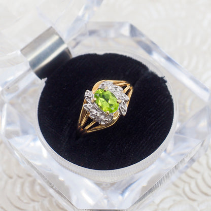 Vintage 1980s Oval Cut Green Peridot, Diamond, and 10k Gold Ring Size 7.25